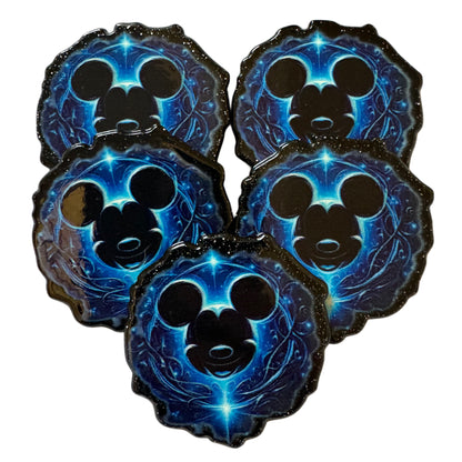 CUSTOMIZED! 5 Pieces Mouse Head with Blue Artistic Swirls and Black Character Outline Planar Acrylic with Glitter Back for Keychains, Badge Reels, Earrings and More!