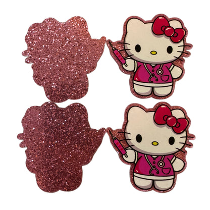5 Pieces Hello Kitty Medical Nurse or Doctor with Needle Flatback One Sided Planar Acrylic with Glitter Back for Keychains, Badge Reels, Earrings & More