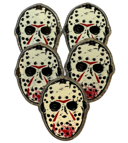 5 Pieces Jason Mask Halloween Horror Characters Flatback One Sided Planar Acrylic with Glitter Back for Keychains, Badge Reels, Earrings & More!