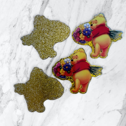 5 Pieces Cute Winnie the Honey Bear with Flowers One Sided Flatback Planar Acrylic with Glitter Back for Keychains, Badge Reels, Earrings and More!