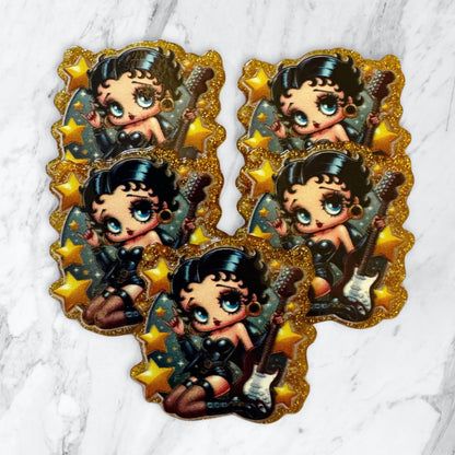 5 Pieces Betty Boop Rock and Roll Guitar Flatback One Sided Planar Acrylic with Glitter Back for Keychains, Badge Reels, Earrings and More!