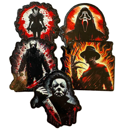 CUSTOMIZED! 5 Pieces Halloween Horror Characters Flatback One Sided Planar Acrylic with Glitter Back for Keychains, Badge Reels, Earrings & More! Jason, Freddy, Michael, Pennywise +