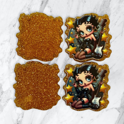 5 Pieces Betty Boop Rock and Roll Guitar Flatback One Sided Planar Acrylic with Glitter Back for Keychains, Badge Reels, Earrings and More!