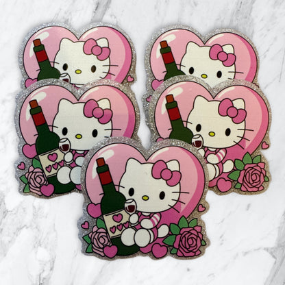 5 Pieces Hello Kitty Loves Wine with a Glass of Wine and Large Heart Flatback One Sided Planar Acrylic with Glitter Back for Keychains, Badge Reels, Earrings & More
