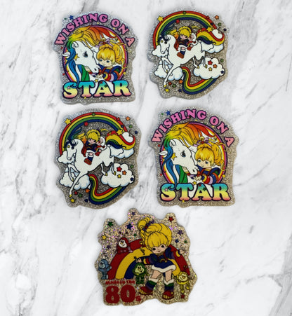 5 Pieces Rainbow Brite and Unicorn Friend Flatback One Sided Glitter Back Planar Acrylic with Glitter Back for Keychains, Badge Reels, Earrings and More!