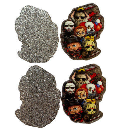 5 Pieces of Your Favorite Friendly Halloween Horror Characters Flatback One Sided Planar Acrylic with Glitter Back for Keychains, Badge Reels, Earrings & More! 6 Characters Leatherface, Pennywise, Chucky, Freddy, Jason and Billy