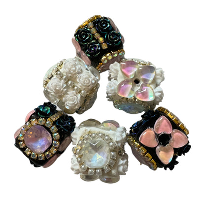 Black and White 16.5mm Acrylic Flower Cube Square Beads with Rhinestones and Pearls for Beadable Pens, Keychains, Bracelets, Earrings & More!