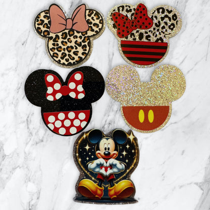 5 Pieces Mickey and Minnie Mouse Head Mix or One Design Planar Acrylic with Glitter Back for Keychains, Badge Reels, Earrings and More!
