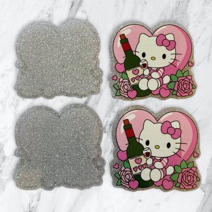 5 Pieces Hello Kitty Loves Wine with a Glass of Wine and Large Heart Flatback One Sided Planar Acrylic with Glitter Back for Keychains, Badge Reels, Earrings & More