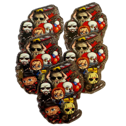 5 Pieces of Your Favorite Friendly Halloween Horror Characters Flatback One Sided Planar Acrylic with Glitter Back for Keychains, Badge Reels, Earrings & More! 6 Characters Leatherface, Pennywise, Chucky, Freddy, Jason and Billy