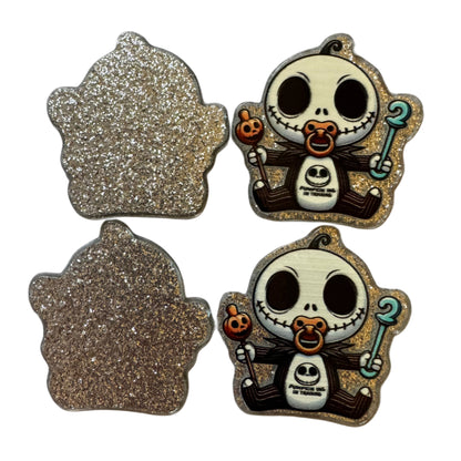 CUSTOMIZED! 5 Pieces Baby Jack Skellington with Rattle Halloween Horror Characters Flatback One Sided Planar Acrylic with Glitter Back for Keychains, Badge Reels, Earrings & More!