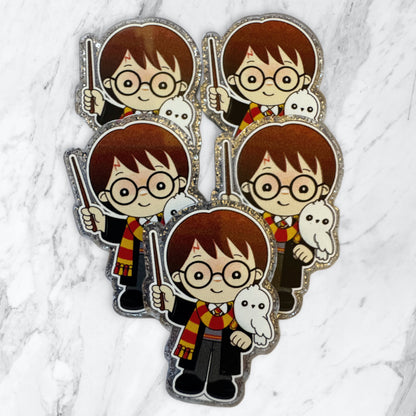 5 Pieces Harry the Wizard with Owl and Wand Flatback One Sided Glitter Back Planar Acrylic for Keychains, Badge Reels, Earrings and More!