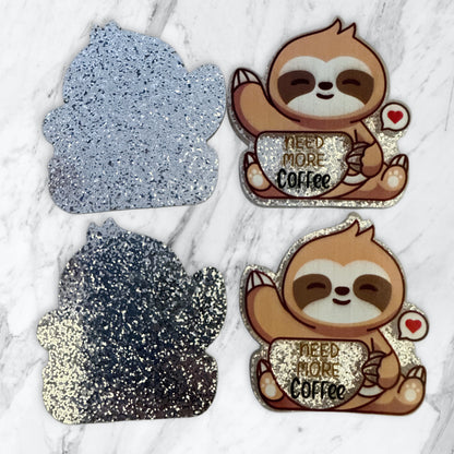 5 Pieces Need More Coffee with Cute Sloth and Coffee Cup Flatback One Sided Glitter Back Planar Acrylic for Keychains, Badge Reels, Earrings and More!