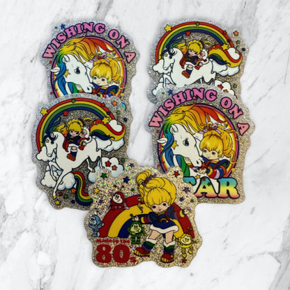 5 Pieces Rainbow Brite and Unicorn Friend Flatback One Sided Glitter Back Planar Acrylic with Glitter Back for Keychains, Badge Reels, Earrings and More!