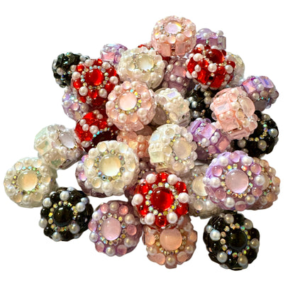 5 Pieces Unusual 21mm Round Flower Like Beads with Large Center Rhinestone and Pearls for Beadable Pen Keychain Bracelet Earrings and More!