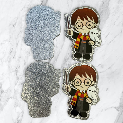 5 Pieces Harry the Wizard with Owl and Wand Flatback One Sided Glitter Back Planar Acrylic for Keychains, Badge Reels, Earrings and More!