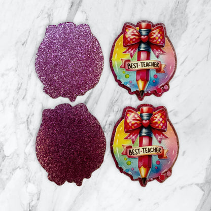 5 Pieces Best Teacher with Pencil and Bow Flatback One Sided Planar Acrylic with Glitter Back for Keychains, Badge Reels, Earrings and More!