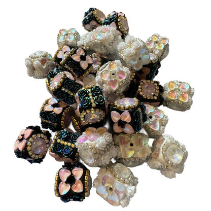 Black and White 16.5mm Acrylic Flower Cube Square Beads with Rhinestones and Pearls for Beadable Pens, Keychains, Bracelets, Earrings & More!
