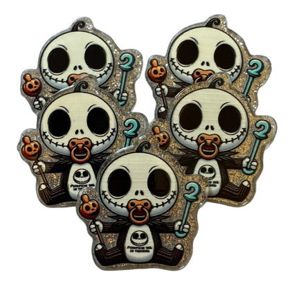 CUSTOMIZED! 5 Pieces Baby Jack Skellington with Rattle Halloween Horror Characters Flatback One Sided Planar Acrylic with Glitter Back for Keychains, Badge Reels, Earrings & More!