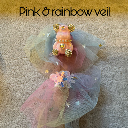 Ultra Premium Wedding Bride Bear with Veil and Rhinestones for Beadable Pen, Keychain and more!  Also Perfect for Quinceanera or Prom!