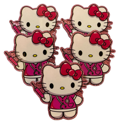 5 Pieces Hello Kitty Medical Nurse or Doctor with Needle Flatback One Sided Planar Acrylic with Glitter Back for Keychains, Badge Reels, Earrings & More