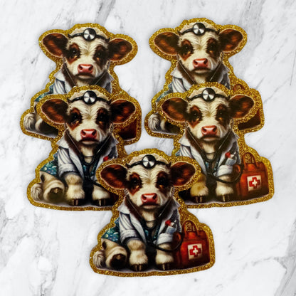 5 Pieces Kawaii Baby Cow Calf as Medical Doctor or Nurse Flatback One Sided Planar Acrylic with Glitter Back for Keychains, Badge Reels, Earrings & More