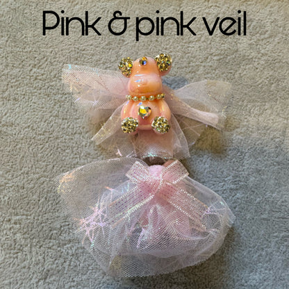 Ultra Premium Wedding Bride Bear with Veil and Rhinestones for Beadable Pen, Keychain and more!  Also Perfect for Quinceanera or Prom!