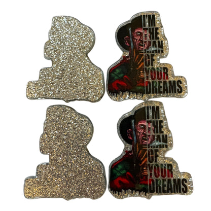 CUSTOMIZED! 5 Pieces Freddy I'm the Man of Your Dreams Halloween Horror Characters Flatback One Sided Planar Acrylic with Glitter Back for Keychains, Badge Reels, Earrings & More!