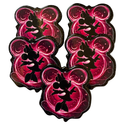 CUSTOMIZED! 5 Pieces Minnie Mouse Head with Pink Artistic Swirls and Black Character Outline Planar Acrylic with Glitter Back for Keychains, Badge Reels, Earrings and More!