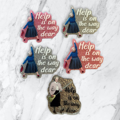 5 Pieces Mrs. Doubtfire Help is on the Way Flatback One Sided Planar Acrylic with Glitter Back for Keychains, Badge Reels, Earrings and More!