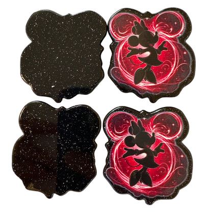 CUSTOMIZED! 5 Pieces Minnie Mouse Head with Pink Artistic Swirls and Black Character Outline Planar Acrylic with Glitter Back for Keychains, Badge Reels, Earrings and More!