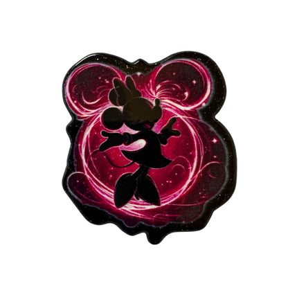 CUSTOMIZED! 5 Pieces Minnie Mouse Head with Pink Artistic Swirls and Black Character Outline Planar Acrylic with Glitter Back for Keychains, Badge Reels, Earrings and More!