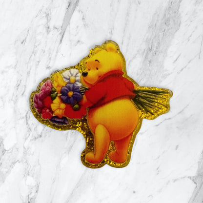 5 Pieces Cute Winnie the Honey Bear with Flowers One Sided Flatback Planar Acrylic with Glitter Back for Keychains, Badge Reels, Earrings and More!
