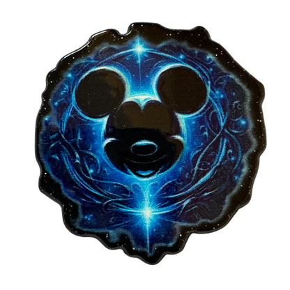 CUSTOMIZED! 5 Pieces Mouse Head with Blue Artistic Swirls and Black Character Outline Planar Acrylic with Glitter Back for Keychains, Badge Reels, Earrings and More!