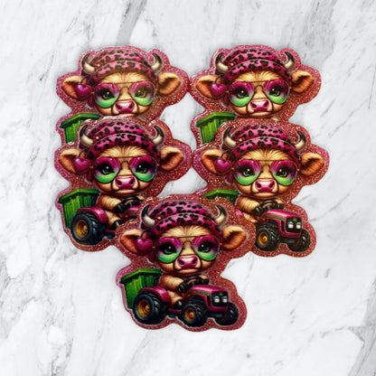 5 Pieces Cute Mini Cow on a Tractor Farming One Sided Flatback Planar Acrylic with Glitter Back for Keychains, Badge Reels, Earrings and More!