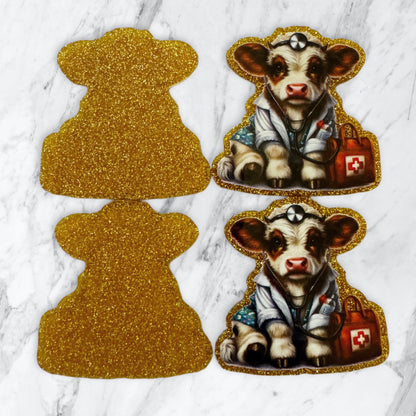 5 Pieces Kawaii Baby Cow Calf as Medical Doctor or Nurse Flatback One Sided Planar Acrylic with Glitter Back for Keychains, Badge Reels, Earrings & More