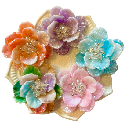 5 Pieces Lovely Handmade Double Layer Large Flat Back Acrylic Flower with Individual Petals and Beaded Center Cabochon for Your DIY Creation