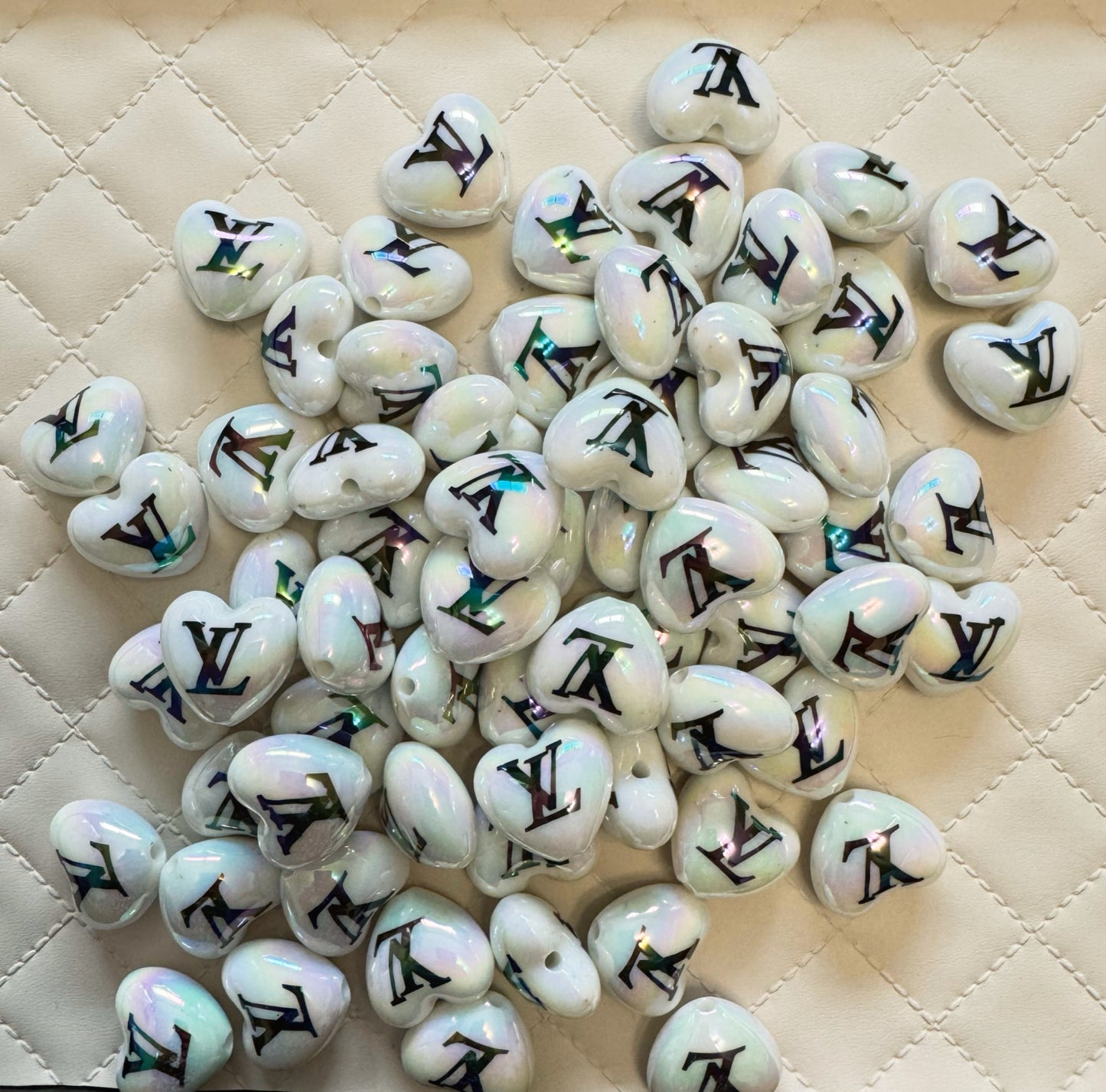 LV 20mm White AB Designer Inspired Acrylic Heart Bead for Beadable Pens, Stylus, Pencils, Keychains and More!