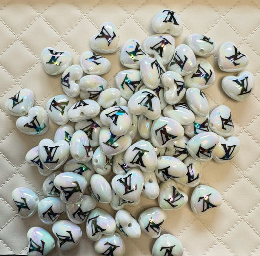 LV 20mm White AB Designer Inspired Acrylic Heart Bead for Beadable Pens, Stylus, Pencils, Keychains and More!