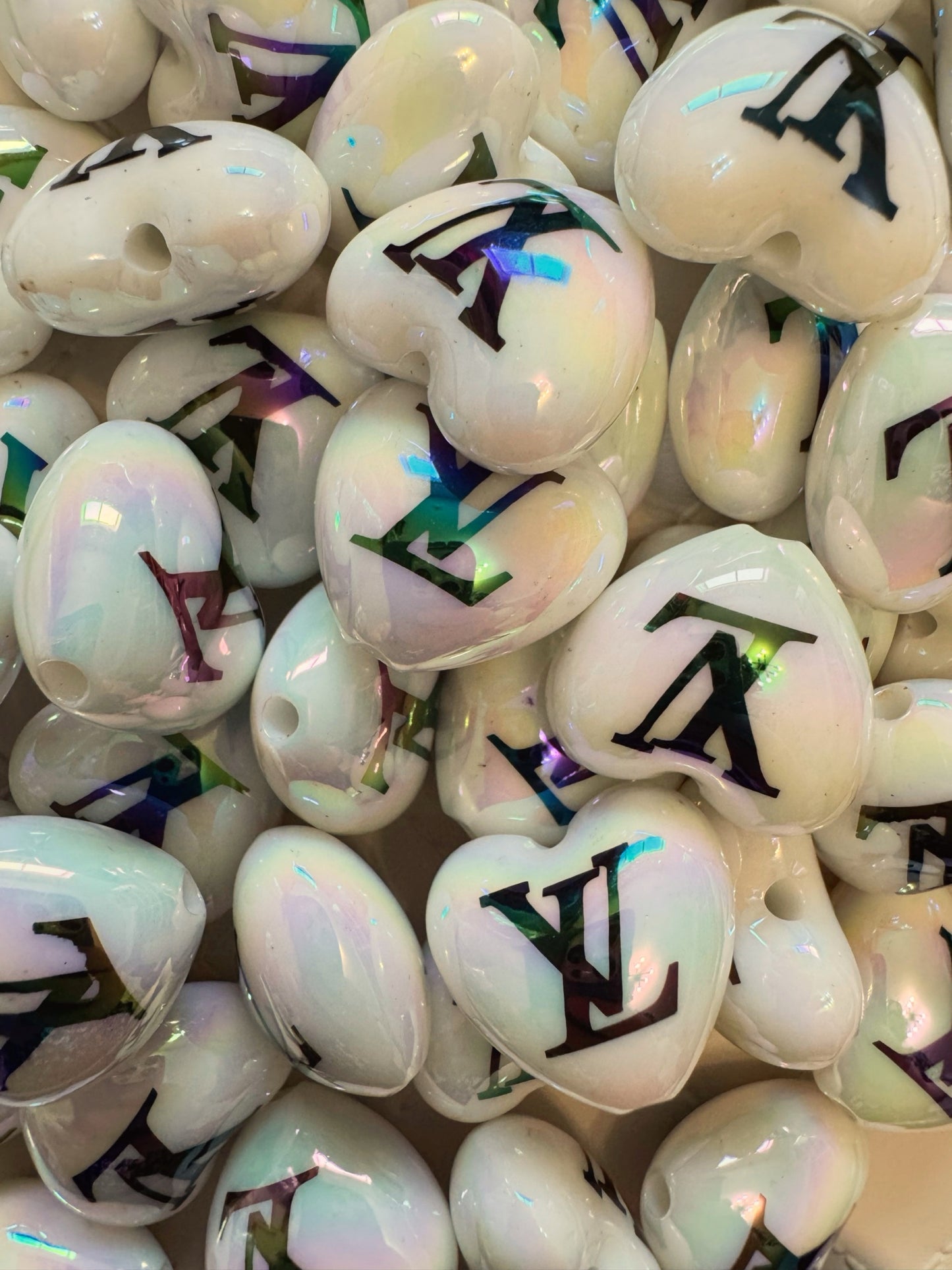 LV 20mm White AB Designer Inspired Acrylic Heart Bead for Beadable Pens, Stylus, Pencils, Keychains and More!