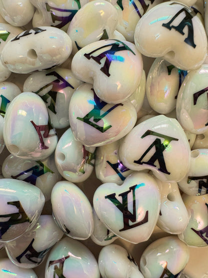 LV 20mm White AB Designer Inspired Acrylic Heart Bead for Beadable Pens, Stylus, Pencils, Keychains and More!