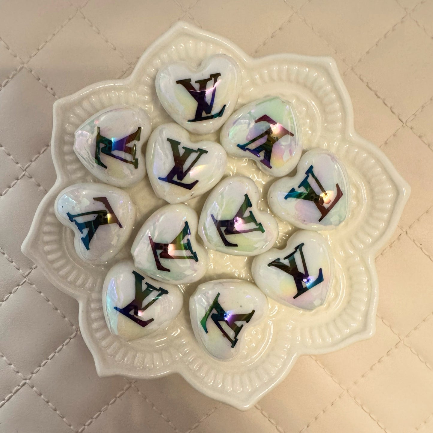 LV 20mm White AB Designer Inspired Acrylic Heart Bead for Beadable Pens, Stylus, Pencils, Keychains and More!