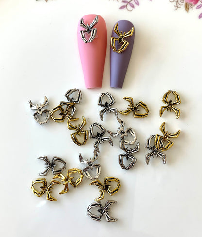 5 Pieces Metal Spiders Charms Silver or Gold Cute Nail Art Decorations DYI