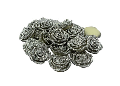 New Price! 5 Pieces 23mm Shiny Metallic Look Medium Size Silver Resin Rose Flower Cabochon Flat Back for DYI Phone Cases Water Bottles Hair