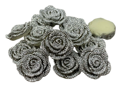 New Price! 5 Pieces 23mm Shiny Metallic Look Medium Size Silver Resin Rose Flower Cabochon Flat Back for DYI Phone Cases Water Bottles Hair