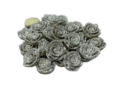 New Price! 5 Pieces 27mm Shiny Metallic Look Large Size Silver Resin Rose Flower Cabochon Flat Back for DYI Phone Cases Water Bottles Hair