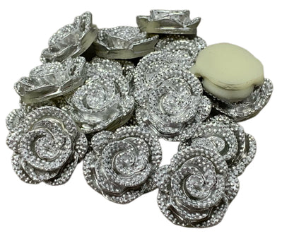 New Price! 5 Pieces 27mm Shiny Metallic Look Large Size Silver Resin Rose Flower Cabochon Flat Back for DYI Phone Cases Water Bottles Hair
