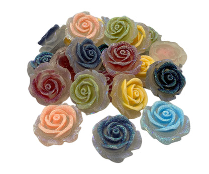 New Price! 33mm GLOW Opaque Clear Glitter Resin Rose Flower Cabochon Flat Back Perfect DYI Phone Water Bottles Scrapbook Hair Accessory