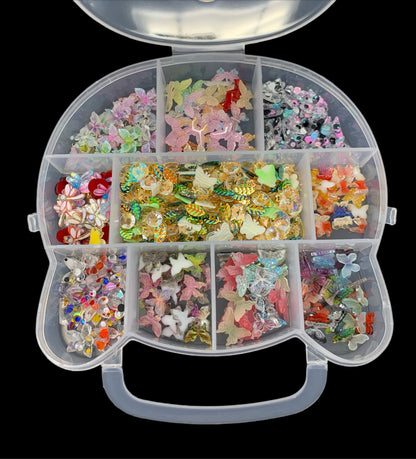 Clear Plastic Kitty Organizer Filled With Resin Nail Charms of All Butterfly and Bugs or All Flowers Makes Great Gift Idea!