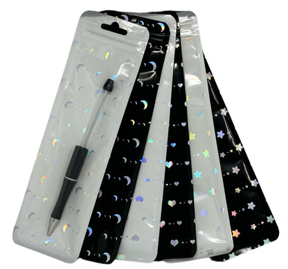 Patterned White or Black Plastic Display Bags with Resealable Zip Closure for Beadable Pens, Stylus, Wine Stopper and More! Moon Star Heart
